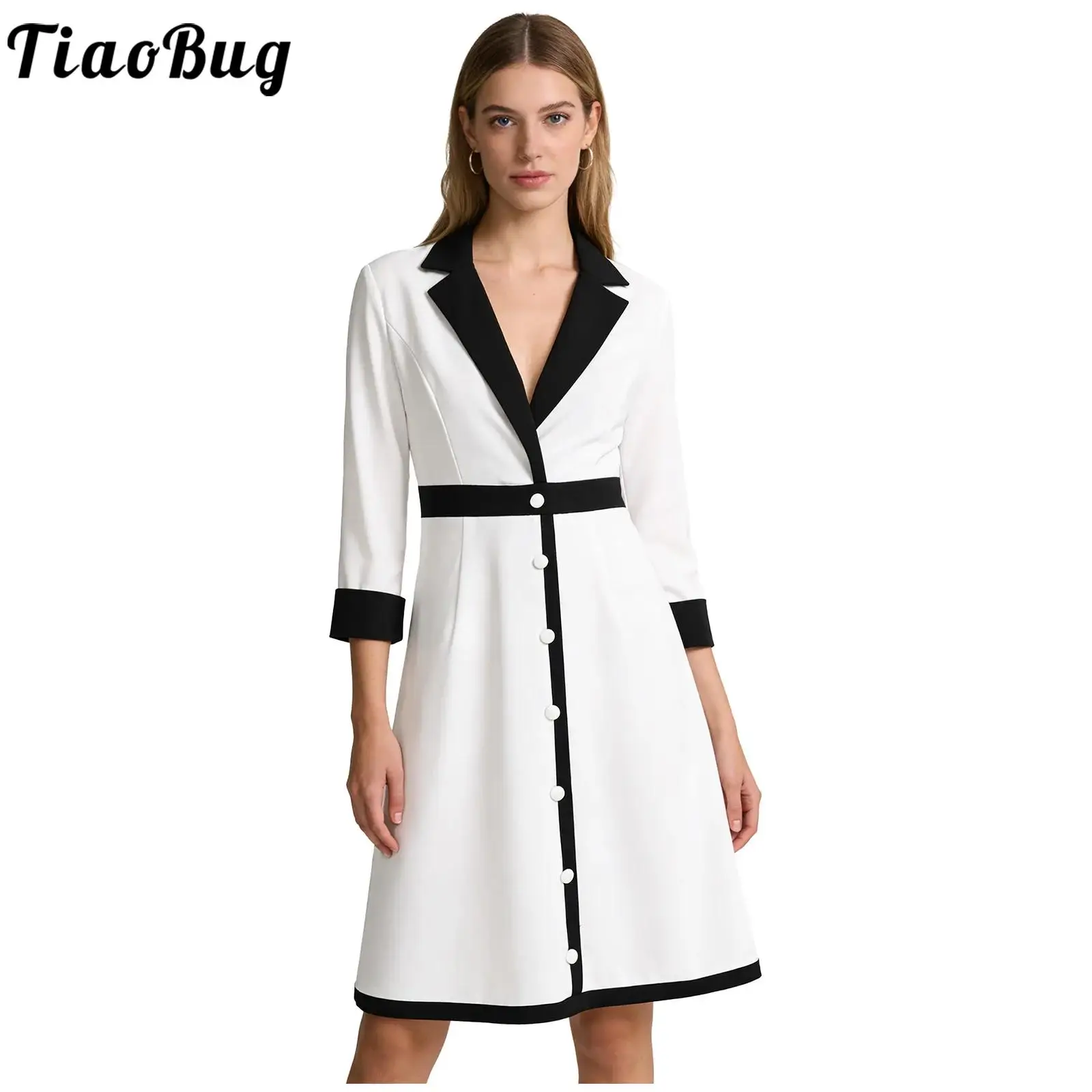 

Women Elegant Lapel V Neck Color Block Dress 3/4 Sleeve Buttons Decor High Waist A-line Dress for Office Lady Formal Occasions