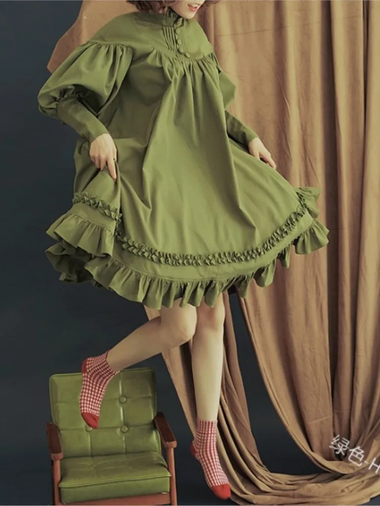 Foreign Style Woman's High Waist Dress Fashion Half-high Collar Solid Puffed Sleeves Midi Dresses Ladies Lace Splicing Vestidos