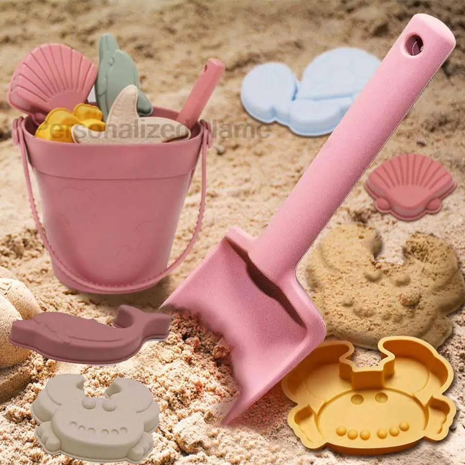 Silicone Toys Set Collapsible Sand Toys Travel Sand Box Toys Sand Bucket Shovel and3D Marine Theme Molds for Summer Outdoor Toys