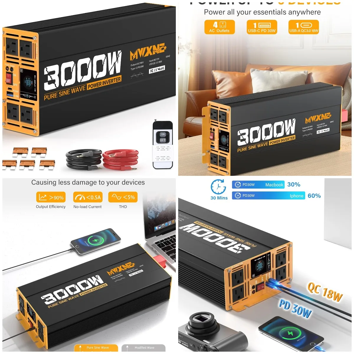 

3000W Pure Sine Wave Inverter 12V to 120V AC, 4 Outlet, Type-C PD30W, QC3.0, Remote Control