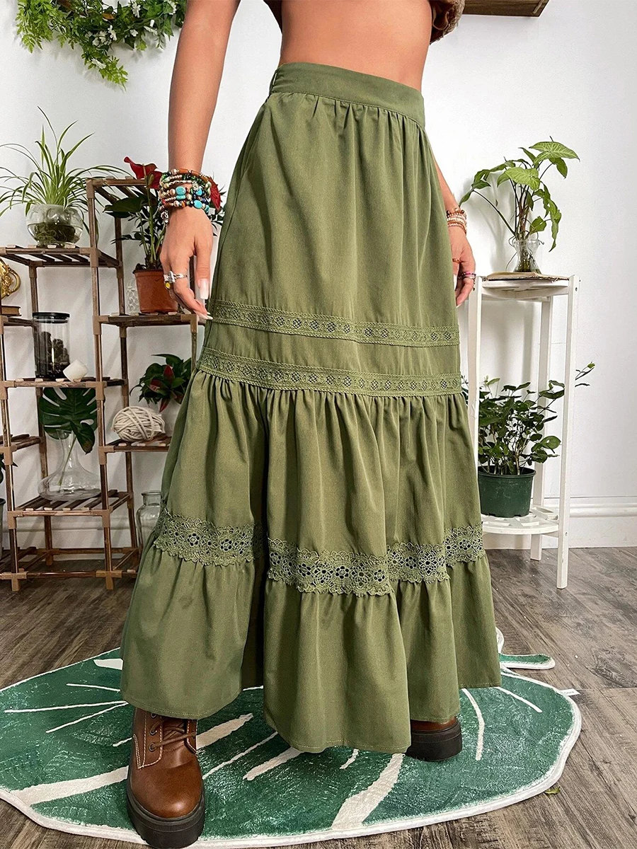 

Women High Waist Y2k Long Skirt Western Retro Lace Patchwork Summer Pleated Flowy Beach Maxi Skirt Streetwear