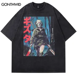 Vintage T-Shirt Japanese Anime Cartoon Girl Graphic Print Black Oversized Tshirt Harajuku Loose Washed 2024 Hip Hop Cotton Tops