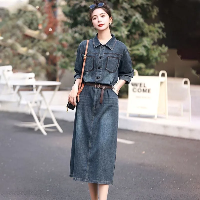Denim jurk dames lente en herfst nieuw temperament hoog gevoel kleine mode buitenlandse stijl vroege lente shirt rok mooi