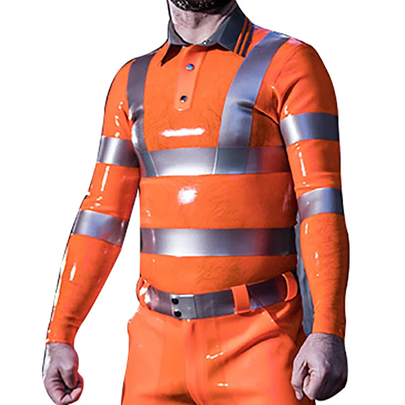 Silver And Orange Sexy Latex Polo Shirts Top Cargo Pants Rubber Jeans Trousers Bottom YF-0428 view 3