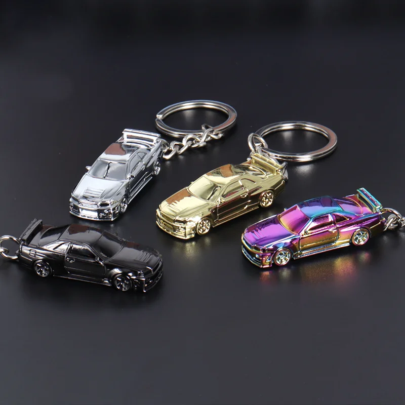 New In Stock Seeker 1:87 Nissan Gtr34 Electroplated Color Chain Keychain Alloy Model Miniature Diecast Ornaments Custom Toys
