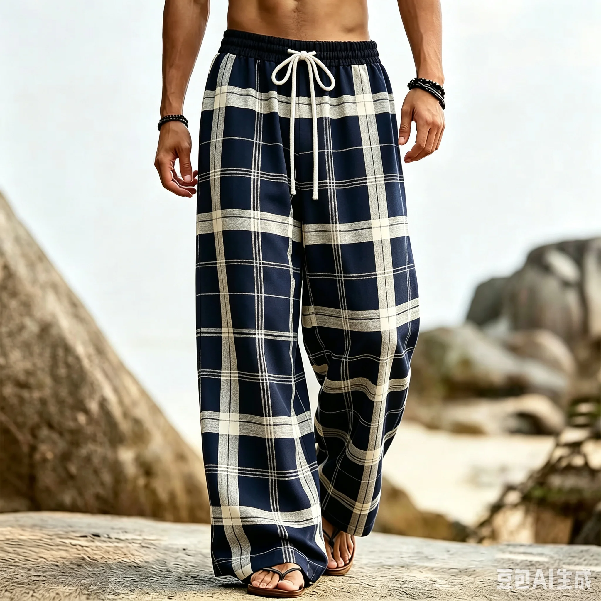 2026 Men Navy Beige Plaid Wide Leg Pants, Large Grid Checkered Drawstring Elastic Waist Vacation Casual Beach Trousers Kids