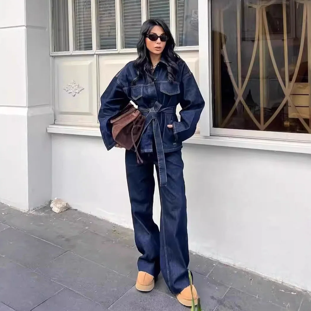 Conjunto de calças de duas peças moda feminina jaqueta de renda vintage único breasted lapela denim casaco na moda casual calças de perna reta