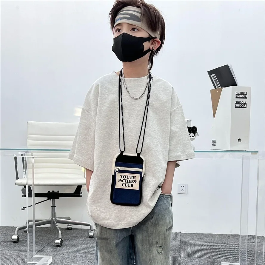 子供用半袖コットンカラー,小さな文字,単色,ベーシック,男の子と女の子,サマーコレクション,2025