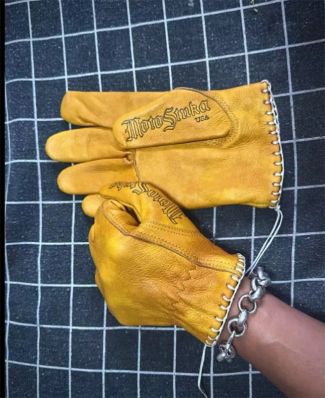 Retro Cowhide Genuine Real Leather Motorcycle Gloves Full Finger Race Riding Motocross Men Motorcycle Accessories