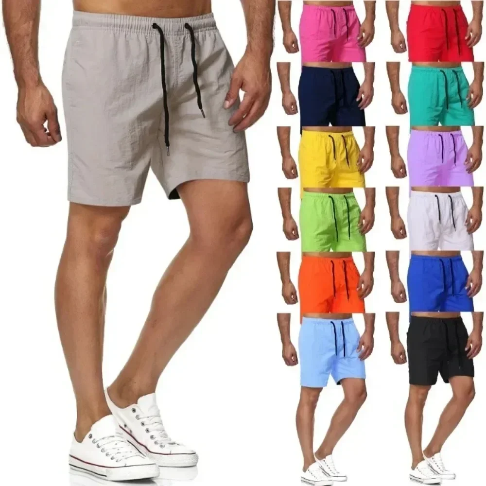 Men\'s Sports Fitness Shorts Men\'s Five-point Men Clothing Solid Color Beach Pants  Quick-drying Shorts Men