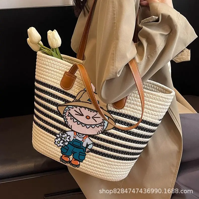 Knitted Handbag Women'S New Original Kitty Grass Woven Shoulder Bag Cartoon Embroidery Large Capacity Countryside Style Handbag