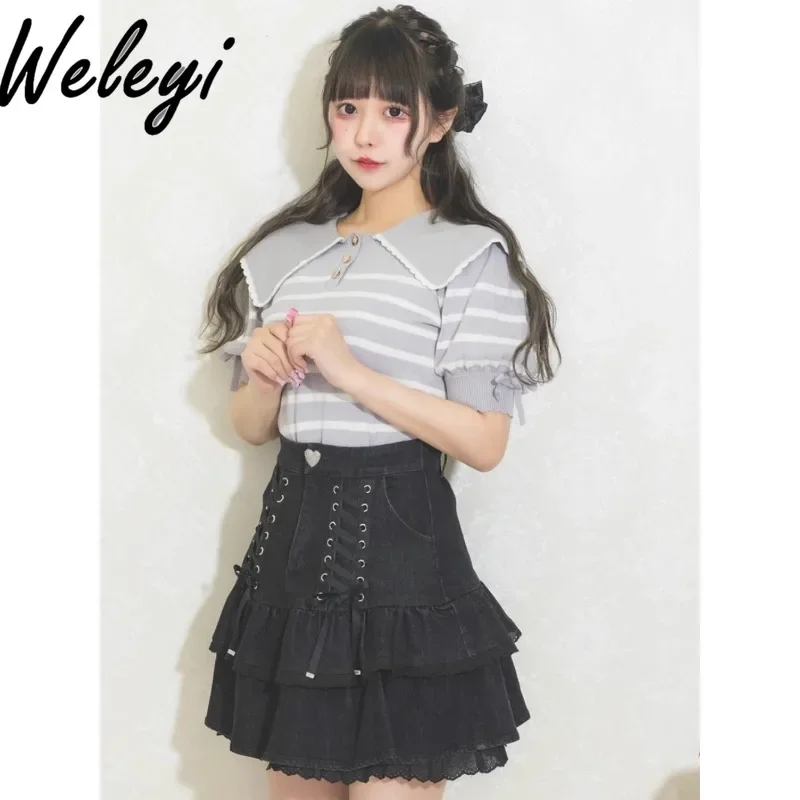 Harajuku Kawaii Sweet Strap Bow Short Skirt Japanese Sweet Solid Color Love Buckle Ruffle Edge Bandage Cotton High Waist Skirts