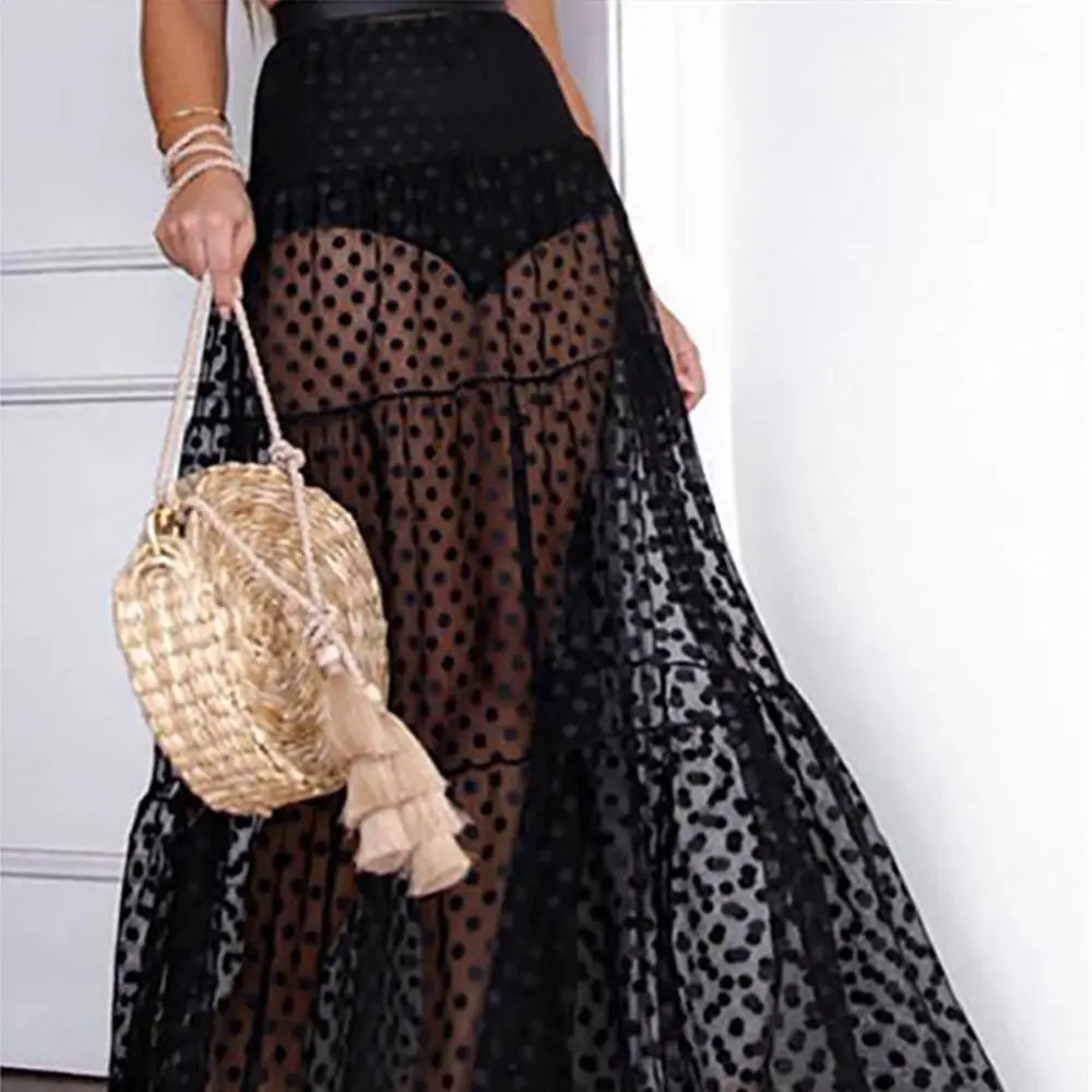 

Party Club Retro High Waist Long Sheer Skirt Beach Sundress Polka Dot Dress Women Nightdress