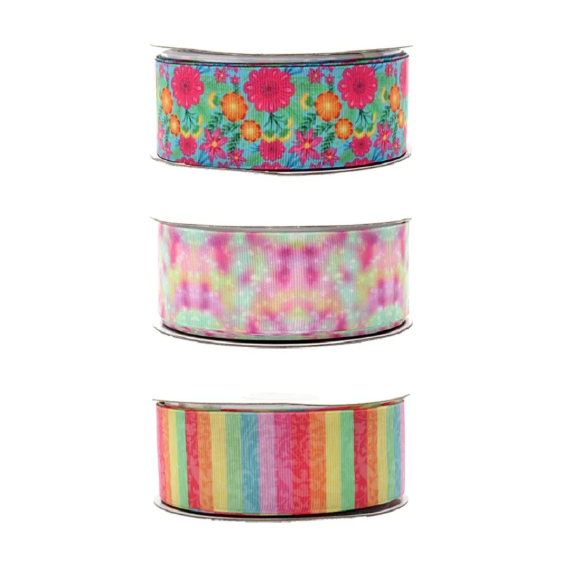 

5Yards Rainbow Flower Printed Grosgrain Ribbon for Hairbows DIY Sewing Materials
