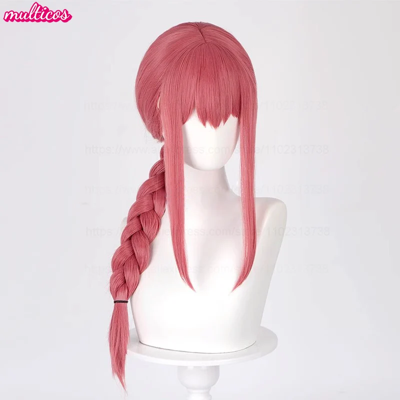 Alta qualidade makima cosplay peruca longa rosa vermelha trançada resistente ao calor cabelo sintético festa de halloween couro cabeludo anime perucas + peruca boné