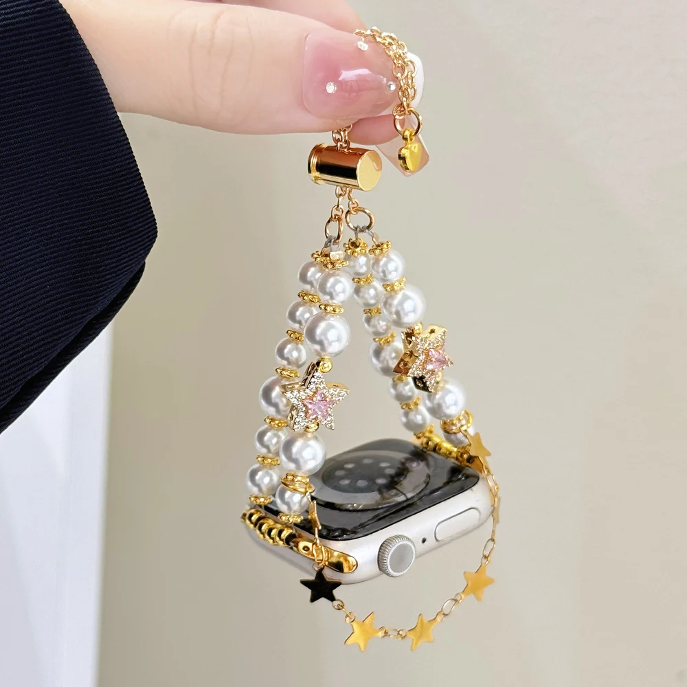 Luxury Lucky Star เพิร์ลโลหะสําหรับ Apple Watch Band 49 41 44 45 40 42 มม.ผู้หญิงเครื่องประดับนาฬิกาข้อมือสร้อยข้อมือสําหรับ iWatch 9 8 7 SE 6