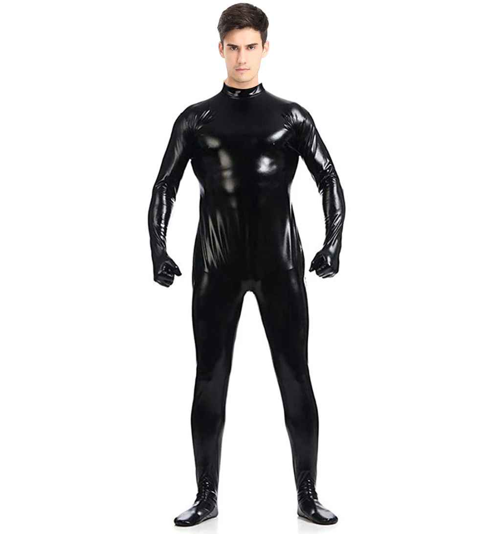 Speerise Adult Men Nylon Shiny Metallic Spandex Zentai Suit Footer Black Headless Zentai Suit Full Body Unitard Customs Bodysuit