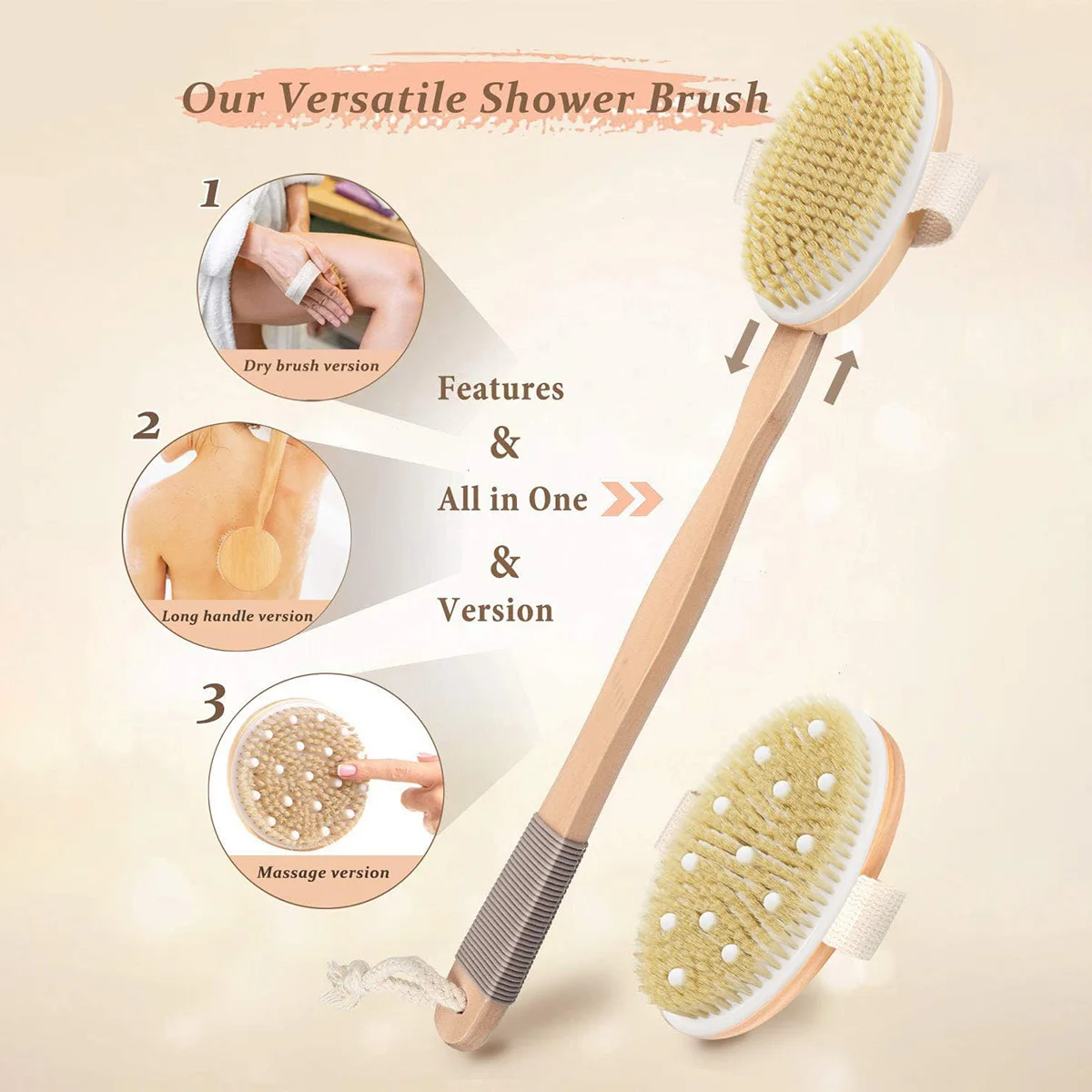 فرشاة الجسم بالفرشاة الجافة - مجموعة فرش جافة ذات شعيرات طبيعية مع فرشاة خشبية طويلة المقبض للتصريف اللمفاوي والتقشير #2