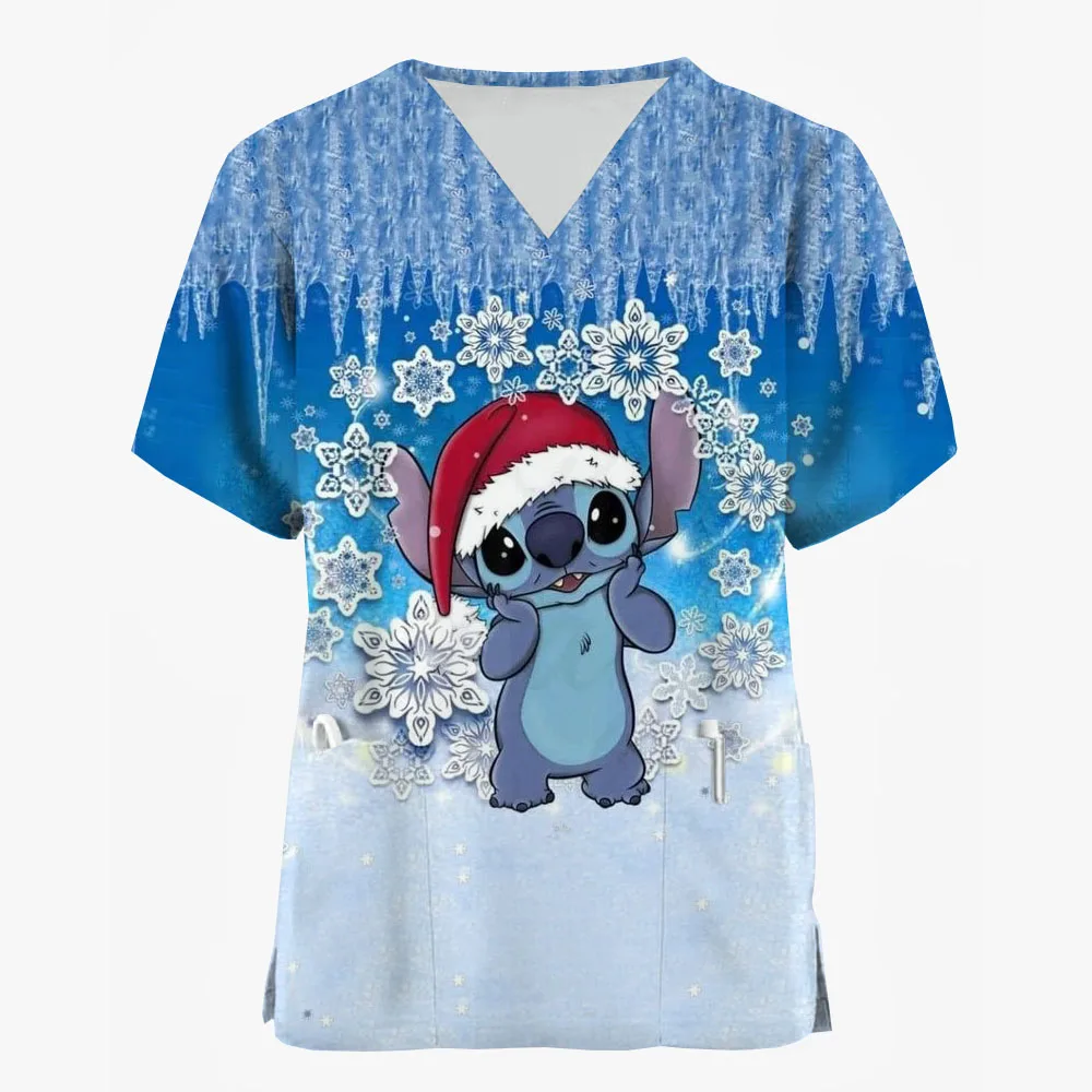 Disney Stitch Christmas Nurse Uniform Matte Women's Cartoon Deer Print Short Sleeve Pocket Work Uniform Medical Uniform