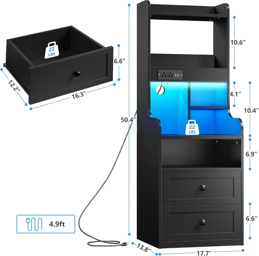 Station and LED Lights Black Nightstand with 2 Drawers and Shelves Large LED Nightstand