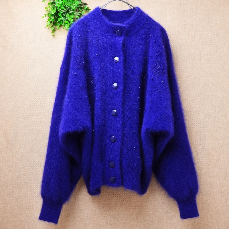 

Female Women Fall Winter Blue Embroidery Beading Angora Rabbit Hair Knitted Long Batwing Sleeves Loose Cardigans Sweater Jacket