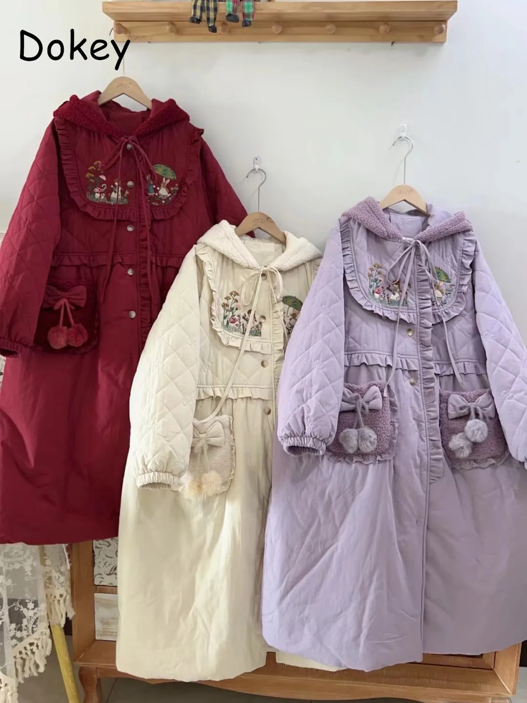 Vintage Embroidery Winter Long Hooded Parka Women Japanese Mori Girl Lace-up Kawaii Cotton Padded Jacket New Warm Lamb Wool Coat