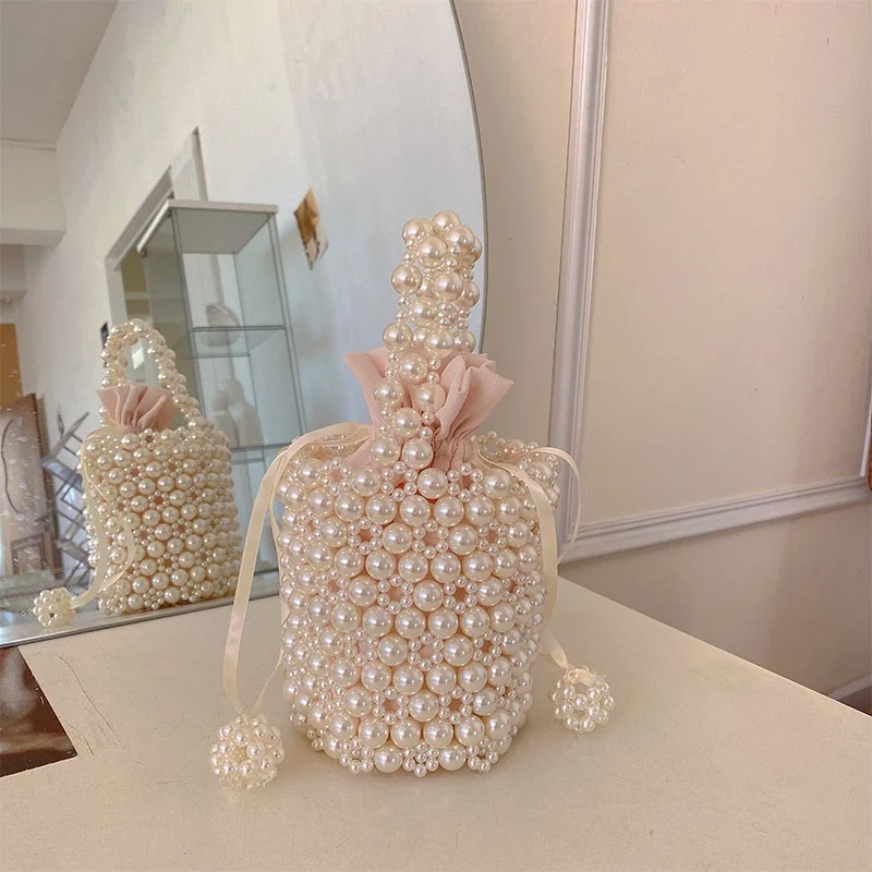 

UGALS Retro Fairy DIY Material Kit Handcrafted Beaded Pearl Bucket Handbag Crossbody Bag Soft Polyester Chain Handle