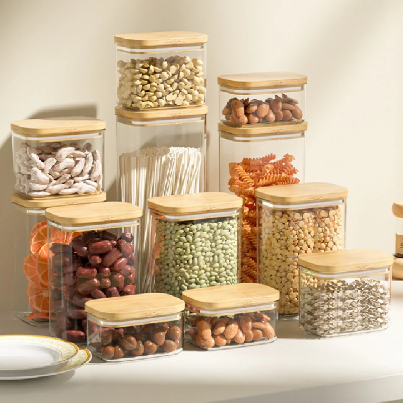 1100ML Square Sealed Plastic Food Jar Bamboo Cover Kitchen Cereal Jar Storage Box Transparent Tea Storage Jar Kitchen Supplies