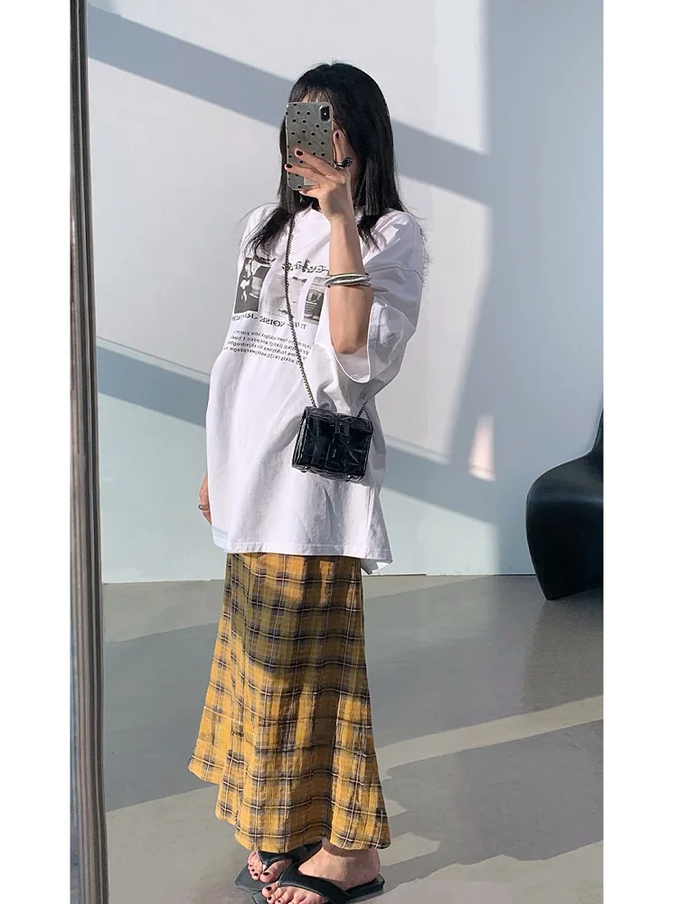 

Юбка миди А-силуэта с высокой талией женская, весенне-летняя, из тонкого хлопка, в клетку, с эффектом стройности, универсальная, для повседневной носки