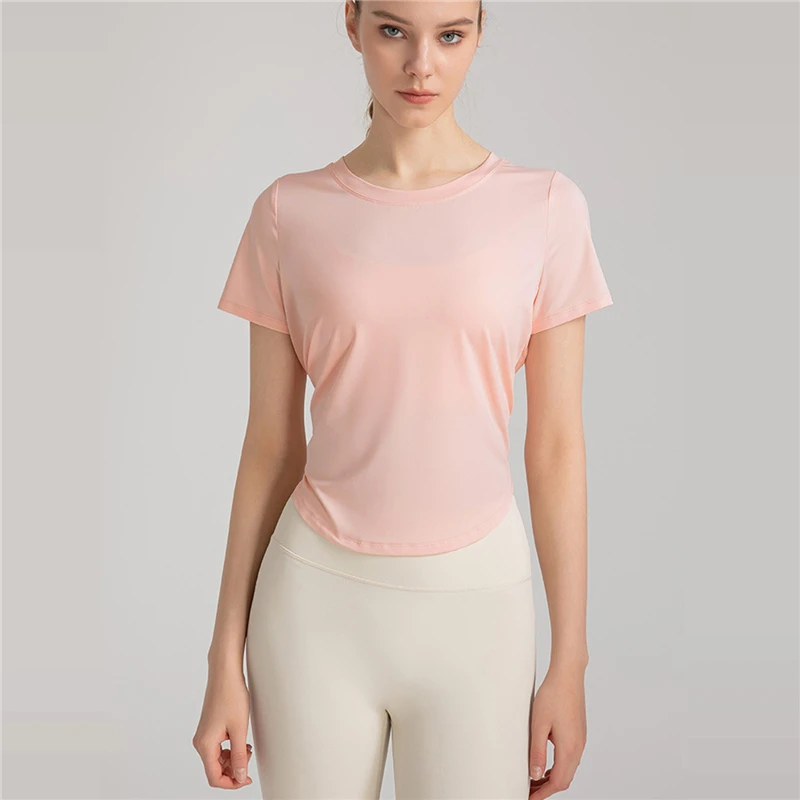 Summer Loose Yoga Shirts Women Mesh Short Sleeve Sport T-shirts Bandage Running Shirts Forked Gym Fitness Tee Tops Blouse Female