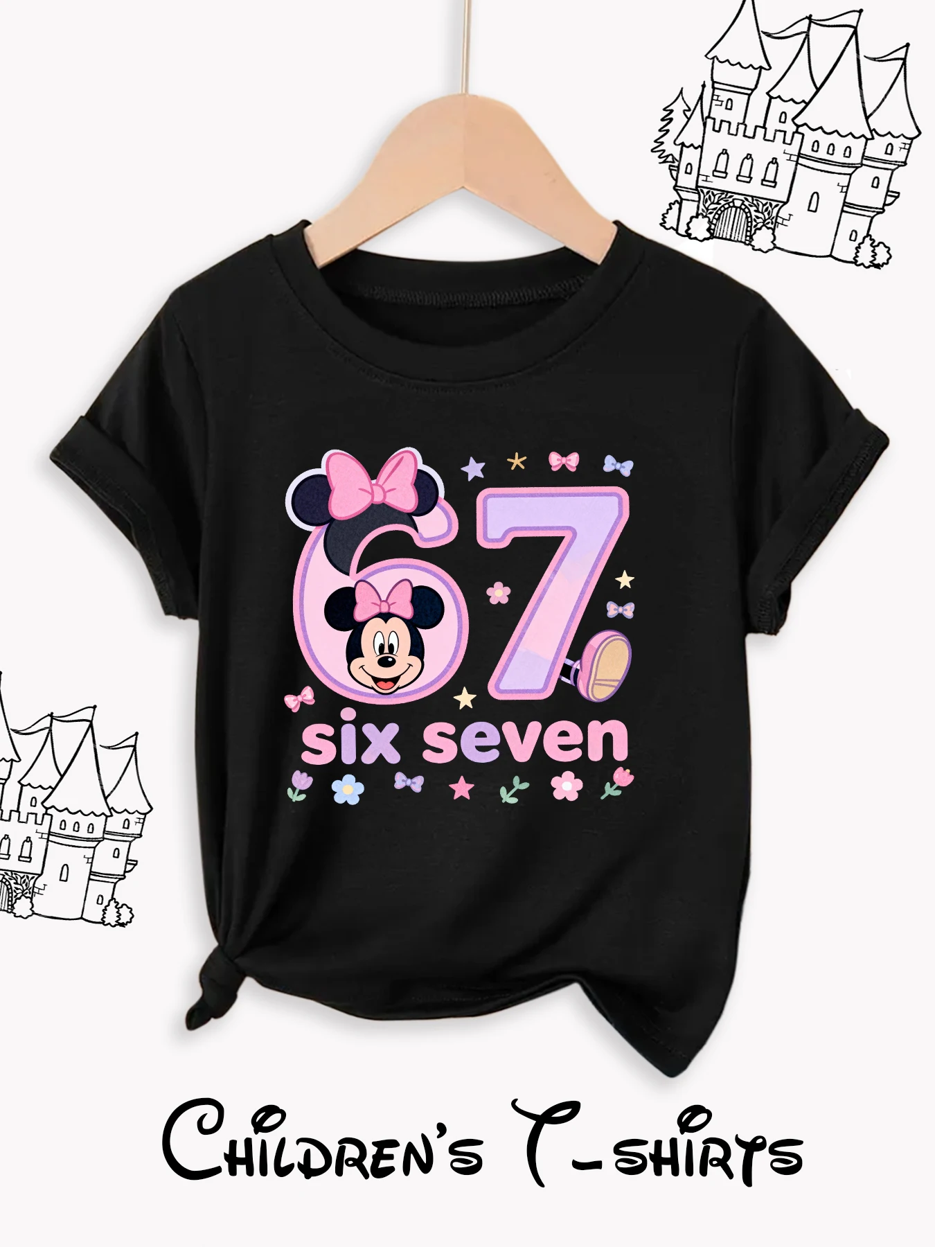 تي شيرت أطفال كاجوال متعدد الاستخدامات برقبة دائرية من Disney Fashion مع 69 ونمط ميني لطيف، مثالي للارتداء اليومي، هدية لطيفة