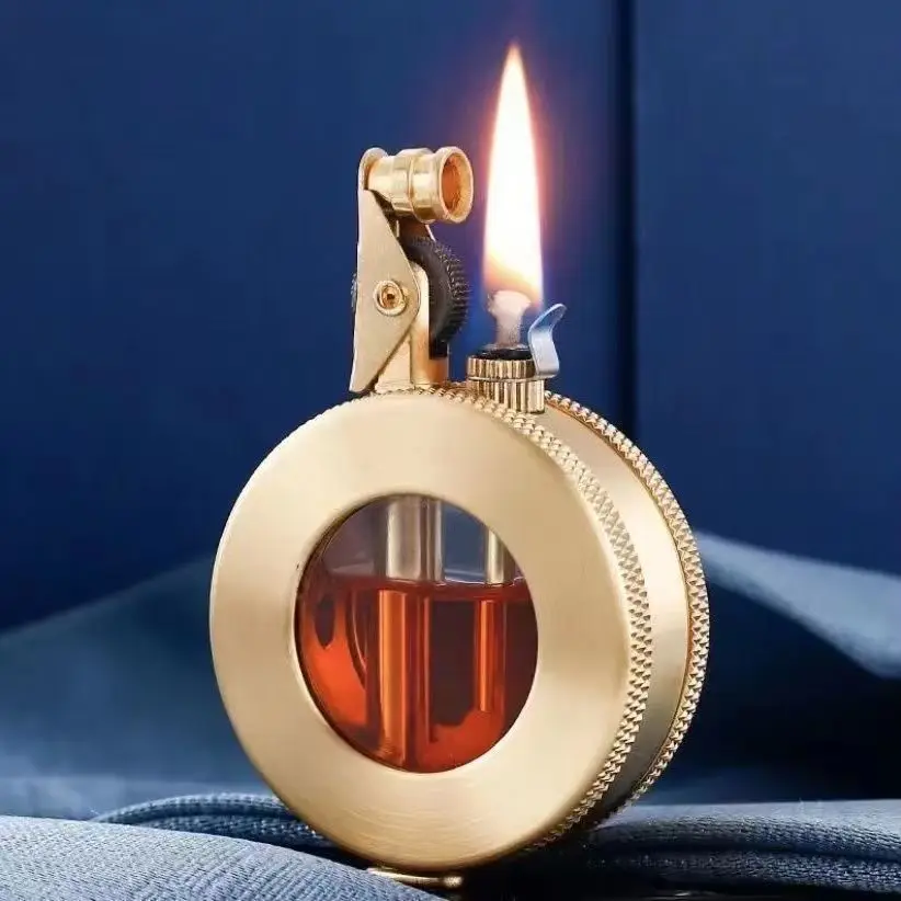 Vintage Style Round Brass Gas Lighter with Transparent Fuel Gauge Oil-Filling Cigarette Lighter Gifting and Collection