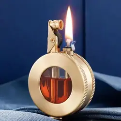 Vintage Style Round Brass Gas Lighter with Transparent Fuel Gauge Oil-Filling Cigarette Lighter Gifting and Collection