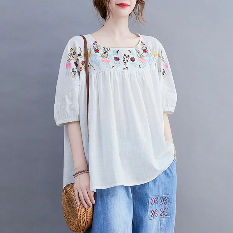 

Shirt Cotton Hemp Embroidered Doll Shirt Women's Loose Retro Lantern Sleeve Aging Top