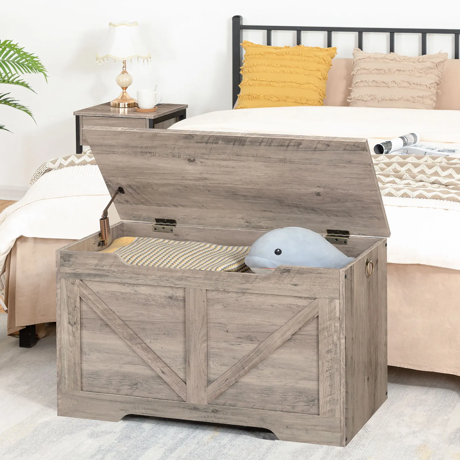 Storage Bench, 29.5” Retro Wooden Storage Chest with U-Shaped Cut-Out Pull, Safety Hinge, Easy Assembly for Toy Box Organizer