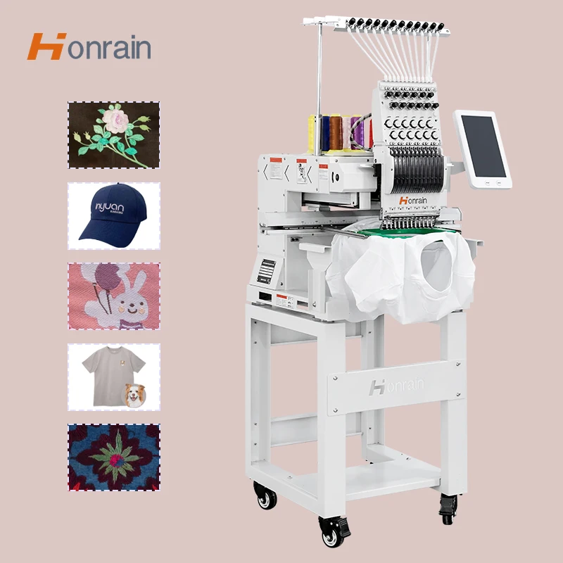 Single Head 12/15 Needles Industrial Computer Embroidery Machine Multifunctional Apparel Embroidery Machine for T-shirt Cloth