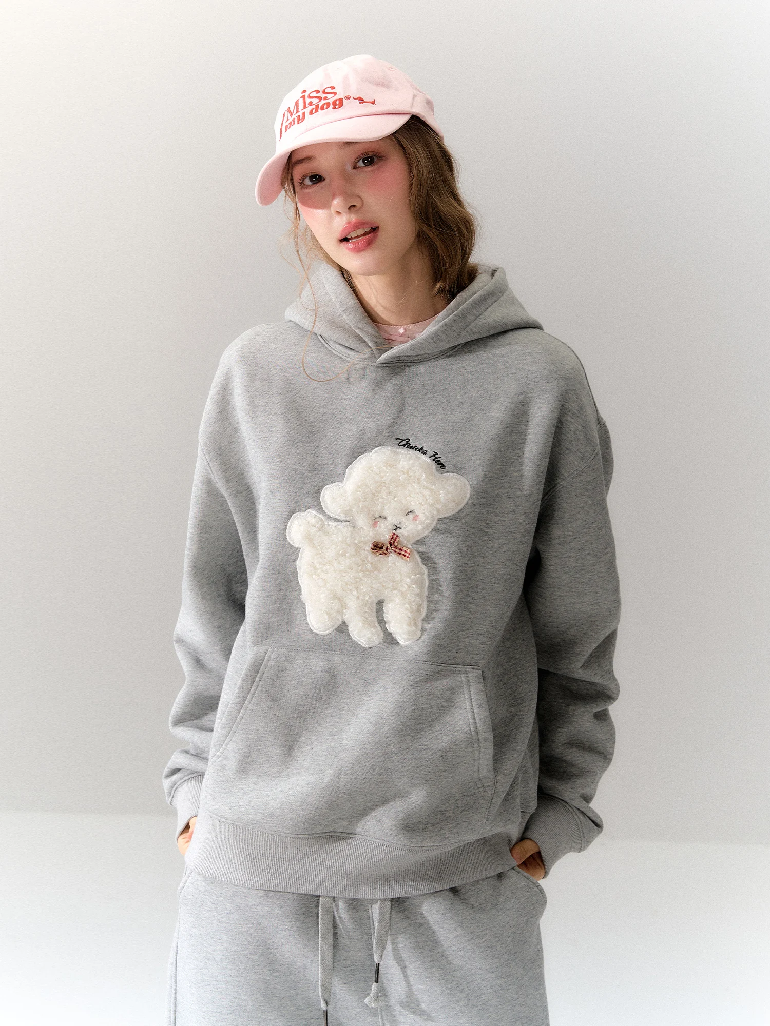 Guukahero Grey Fleece Lined Hoodie Women's Casual Shoulder Drop Dog Print Top for Autumn Winter Comfortable Breathable Cotton...