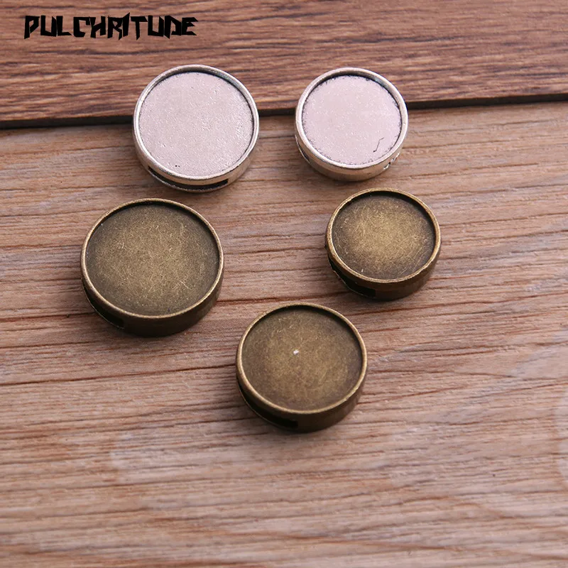 6pcs 14-20mm Inner Size Two Color Tooth Round Leather Slider Beads Blank Cabochon Setting Diy Bracelet Making