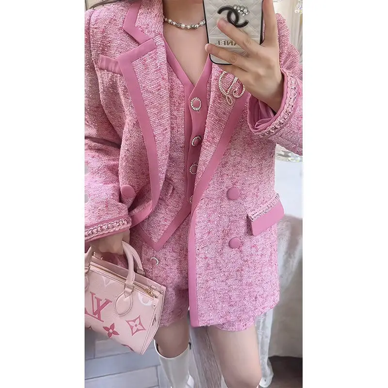 

2024 Early Autumn Pink French Style Tweed Set for Women High End Three Piece Outfit Chic Trendy Matching Jacket Top and Skirt