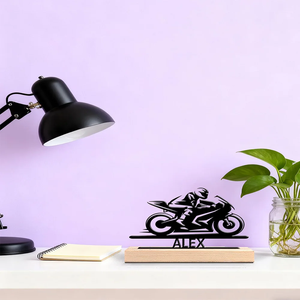 1pc Simple The speeding motorcyclist Customized Letter Metal Statue Iron Ornament Metal Sculpture With Wood Base Art Figurine