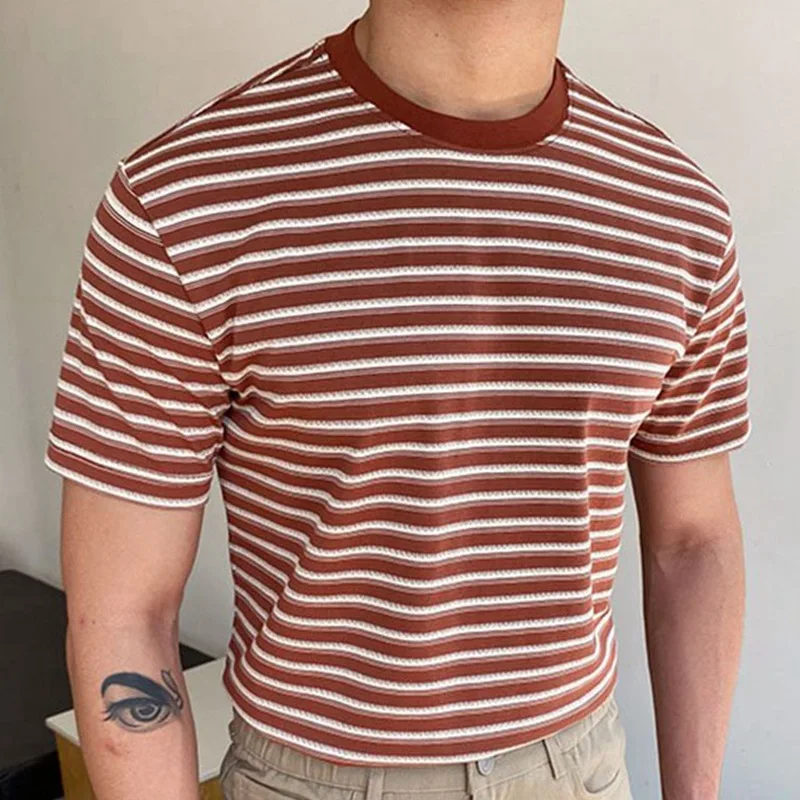 Europe and The United States Men's Spring and Summer New Knitwear Red Stripe High-grade Wool Knitted Short-sleeved T-shirt M-3XL