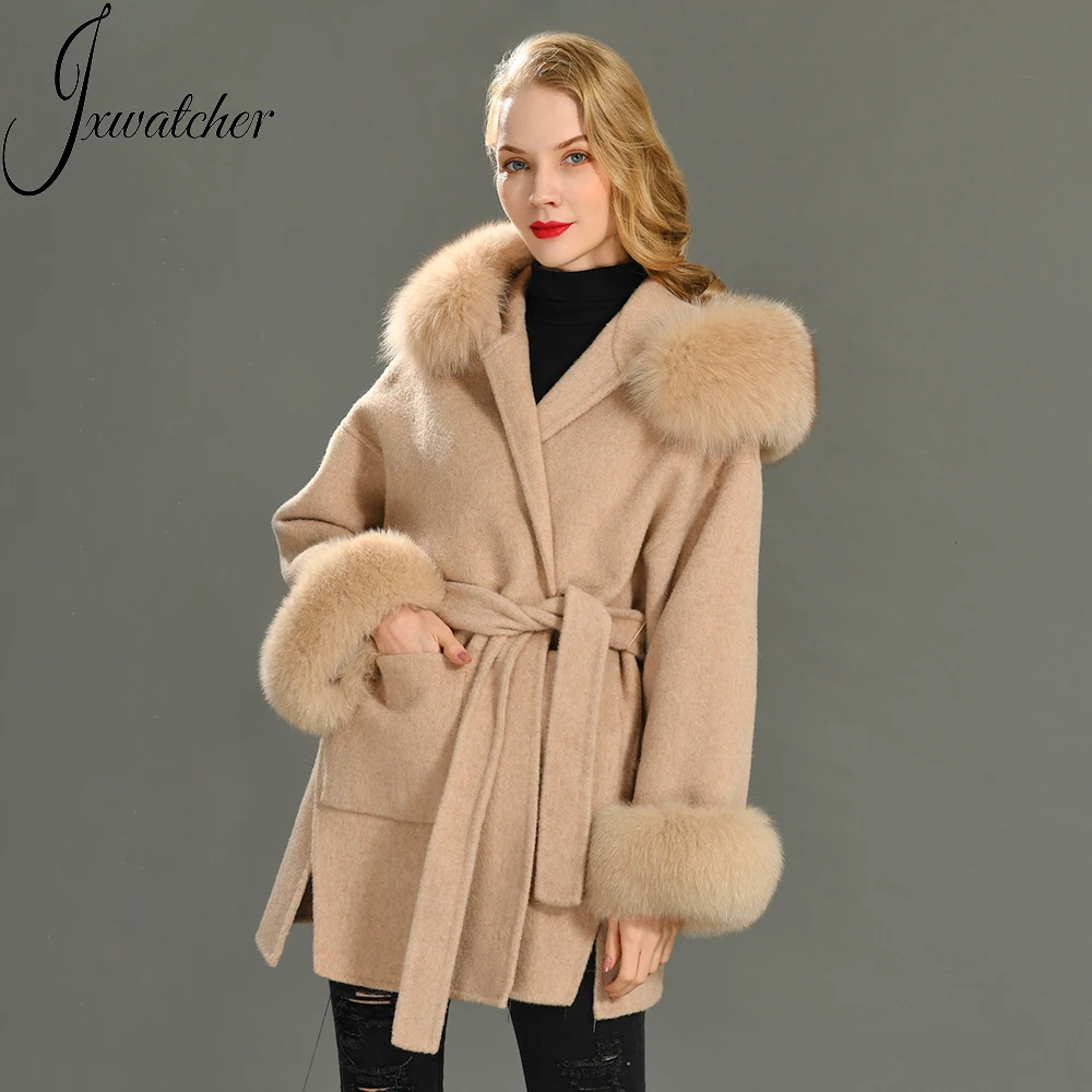 2024 Real Fur Coat Hood Winter Jacket Women 100% Natural Fox Fur Collar Cuffs Cashmere Wool Blend Oversize Outerwear New Loose