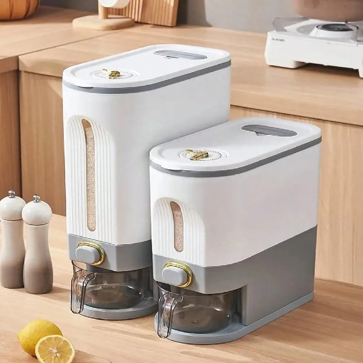 Airtight Rice Bucket with Measuring Cup 22/11lbs Moisture-Proof for Cereal Pet Food Storage