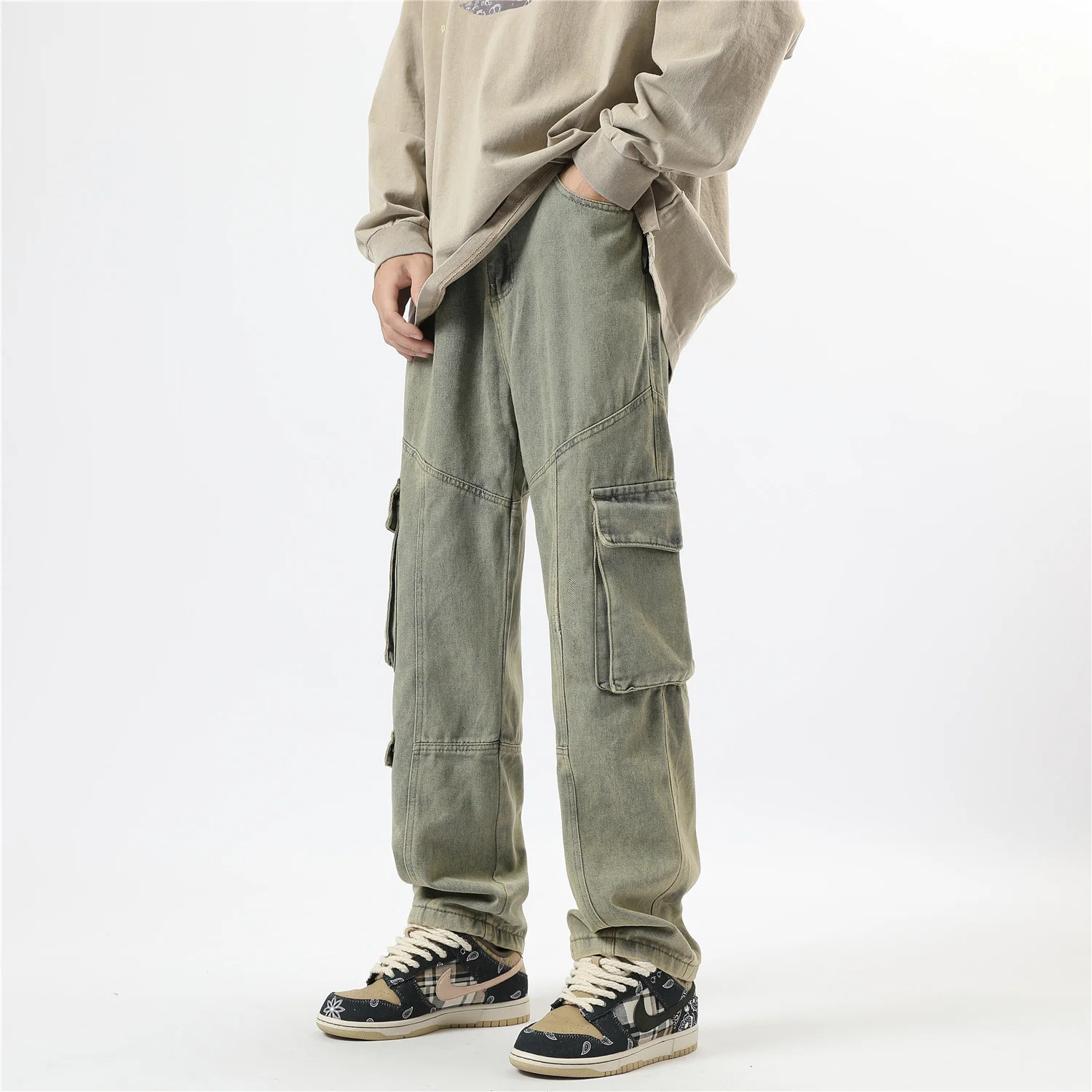 

2023 New Spring Multi-pockets Cargo Pants Men Women Korean Fashion Hip Hop Jeans Couple Loose Straight Denim Male