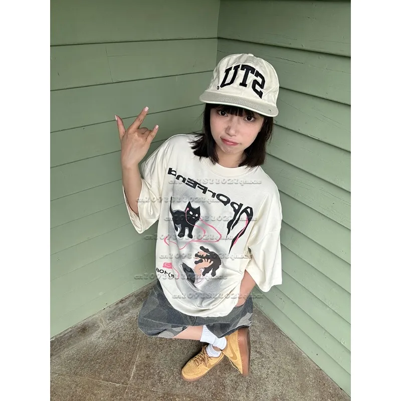 

New American Street Quick Drying Foam Kitten 3D Printed Round Neck Short Sleeve T-shirt for Men and Women Loose Ins Summer