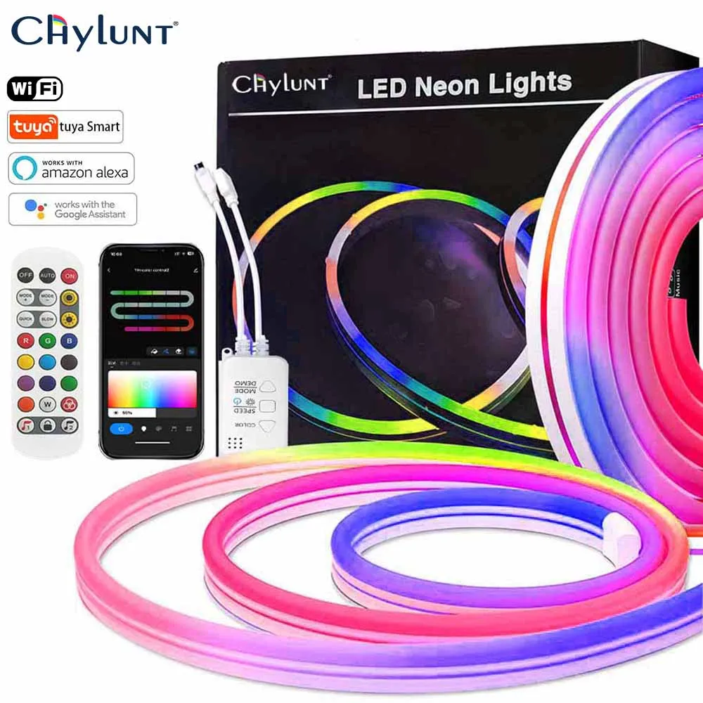 Bande lumineuse LED en silicone avec télécommande, bande néon, musique RGBWIC, changement de document, Tuya, Alexa, Andrea 24V 96 gible, 24 touches