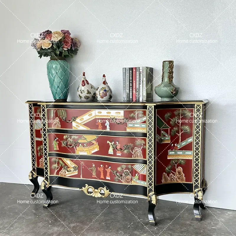 Chinese Painted Chest Cabinet Retro Living Room Porch Corridor Decorative Storage Cabinet for Bedroom 0687
