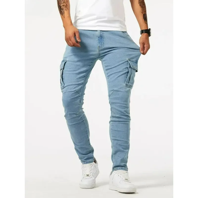 Elastische Street-Jeans für Herren, Denim-Cargohose, Einfarbig mit Mehreren Taschen, Lässige Mittlere Taille, Schlanke Passform, Alltags-Jogger
