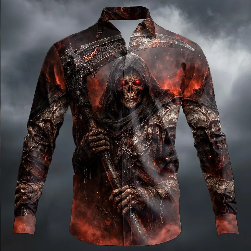 Halloween Men's Skull Casual Shirts Long Sleeve Horror Dark Casual Streetwear Carnival Spring Fall Turndown Button Up