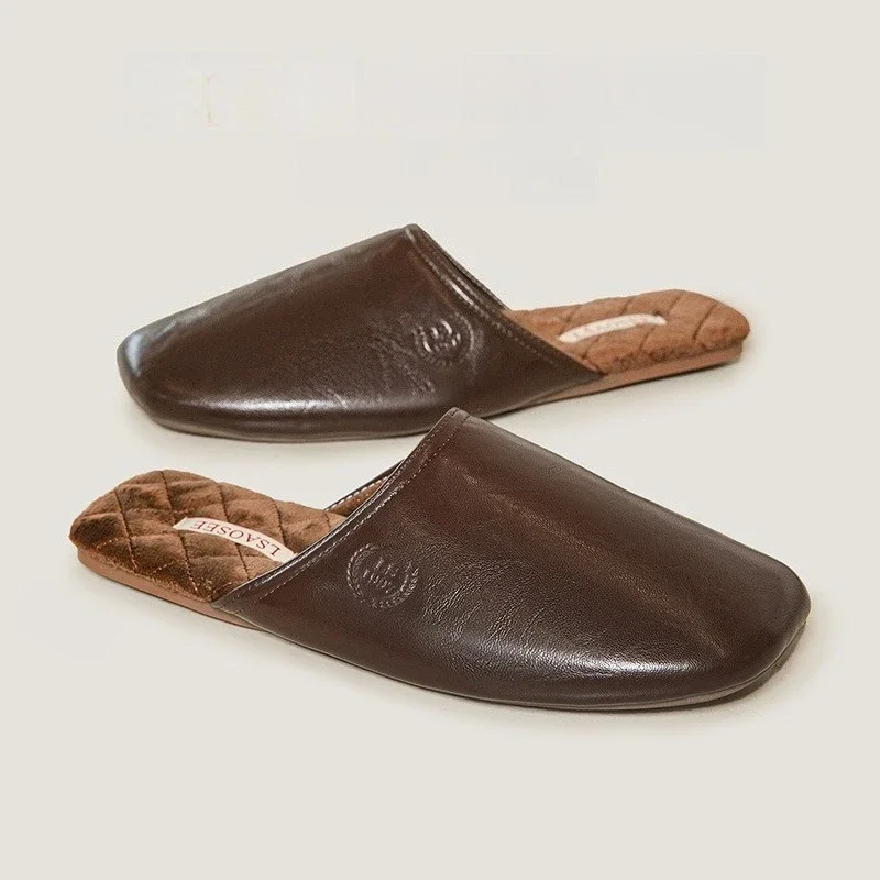 

Autumn Winter High-end Shiny PU Leather Fleece-filled Warm Cotton Slippers Beef tendon bottom Men and Women's Slippers Home Use